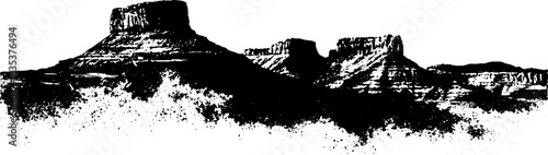 Black and white stencil illustration of craggy desert buttes for artistic design