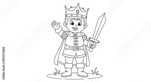 Cheerful Cartoon Prince Child Waving Holding Sword for Kids Book Design