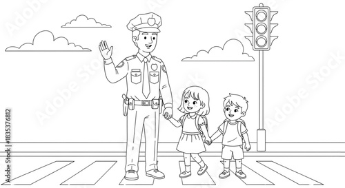 Police Officer Safely Escorting Happy Children Across Crosswalk for Traffic Safety Education