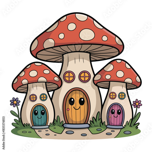 Cute mushroom village with three tiny mushroom houses, smiling doors and windows, simple shapes, bold lines.