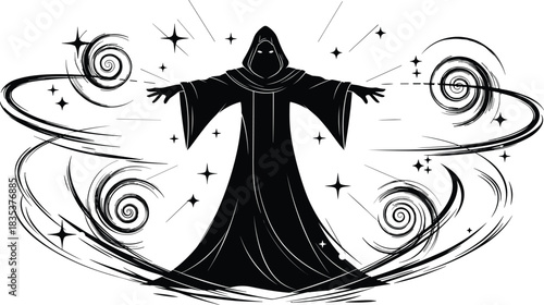 Hooded wizard silhouette, magical energy, swirling vortex, fantasy spellcaster, mystical power, enchanted figure, cad drawing flat vector illustration