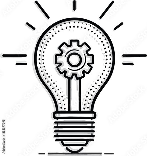 Dotted Light Bulb Icon with Gear and Rays on White Background cogwheel idea