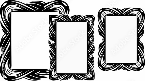 Three decorative frames with intricate black and white woven patterns and rectangular openings