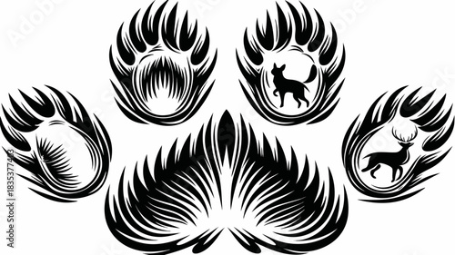 Stylized animal paw prints with silhouettes of a dog and deer in black and white design art