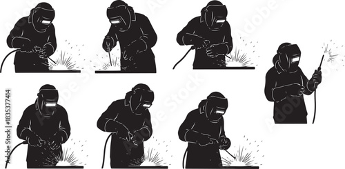 Collection black silhouette industrial workers welding metal with sparks and protective gear demonstrating heavy labor processes
