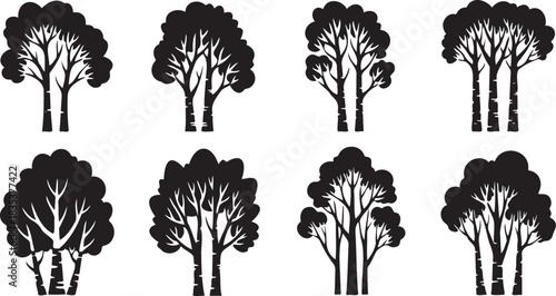 Deciduous broadleaf trees silhouette collection with bare branches and foliage outline stylized forest element vector set eight different shapes