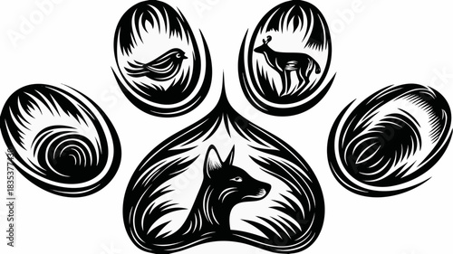 Stylized animal paw print with bird deer and canine in black and white vector illustration