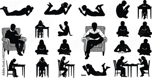 Reading people, silhouette poses, book lovers, leisure activity, education theme, sitting figures, black outline, cad drawing flat vector illustration