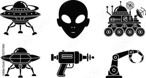 robot, alien, UFO, sci-fi, silhouette, space, technology, raygun, rover, claw, arm, extraterrestrial, futuristic, black, white, vector, cad, illustration, icons, machine