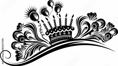 Black and white birthday cake with candles and balloons surrounded by swirls and floral elements design