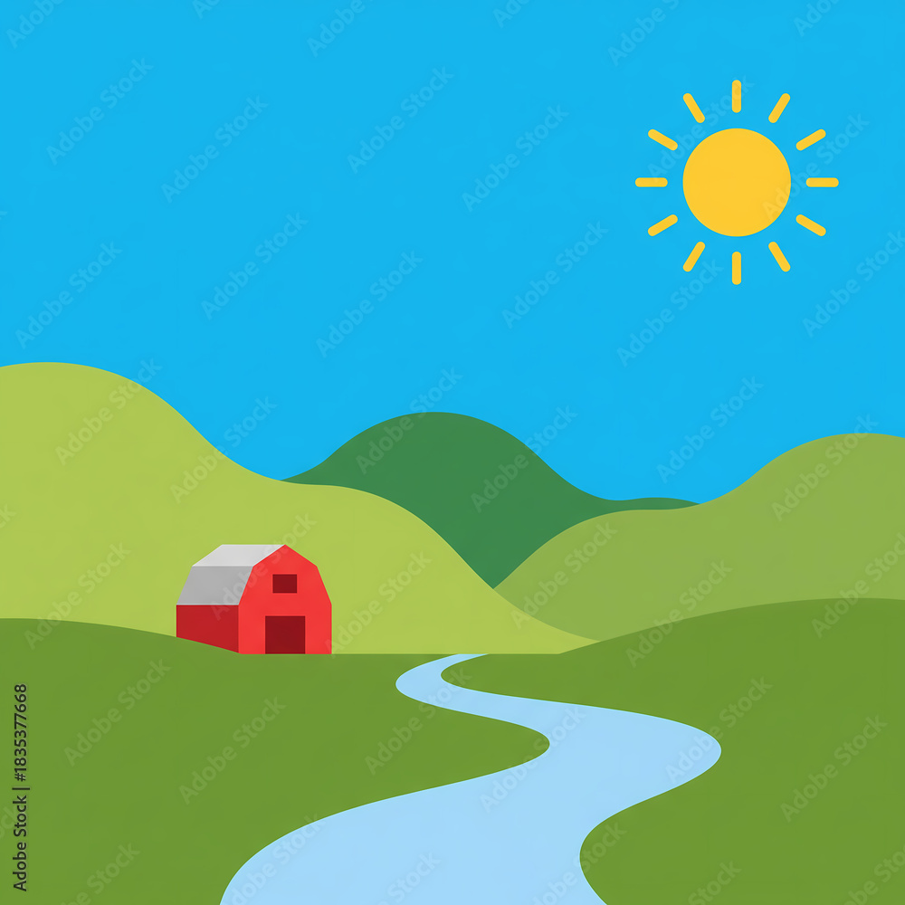 Naklejka premium Simple illustration of a sunny day on a farm with rolling green hills and a river