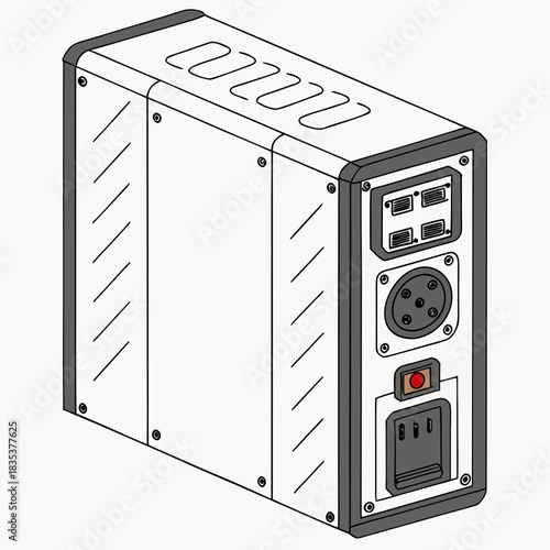 Isometric view of a modern portable power station with multiple outlets and a red power button