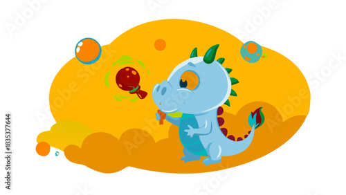 A small cartoon baby dragon blowing magical sparkly bubbles, blue sky behind, soft and dreamy playful moment