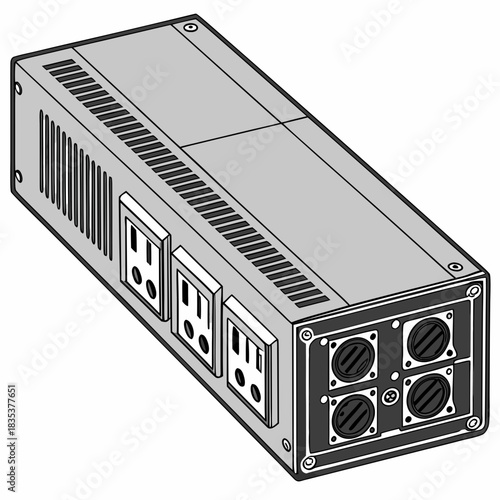 Gray metal electrical power distribution unit with multiple outlets and xlr connectors on white background