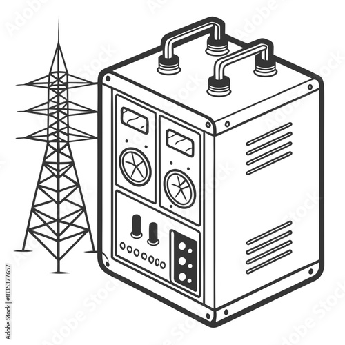 Portable generator connected to a high voltage electricity pylon in a schematic isometric line drawing style