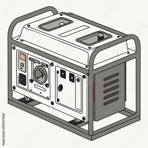Isometric illustration of a portable gasoline generator with a metal frame and control panel