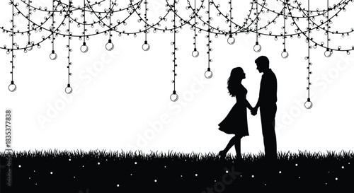 Romantic couple silhouette, string lights, outdoor love scene, wedding moment, glowing orbs, night romance, cad drawing flat vector illustration