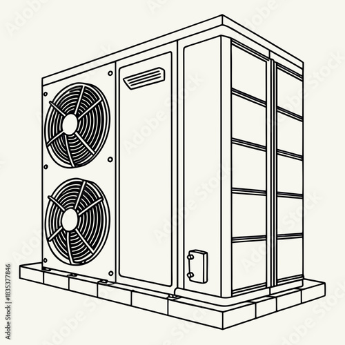 Outline illustration of an outdoor air conditioning unit with two fans and vents on a brick base