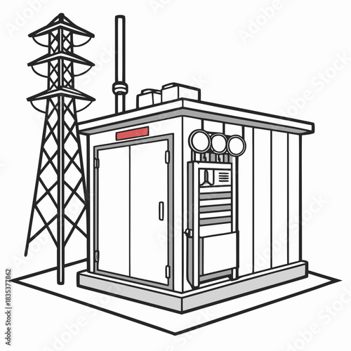 Illustration of a small electrical substation building with a transmission tower and control panel