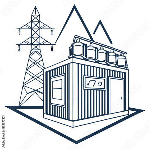 Industrial power substation with electrical tower and mountain landscape in minimalist line art style