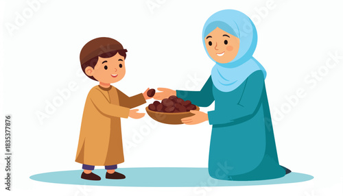 A woman in a hijab offers dates from a bowl to a young boy.