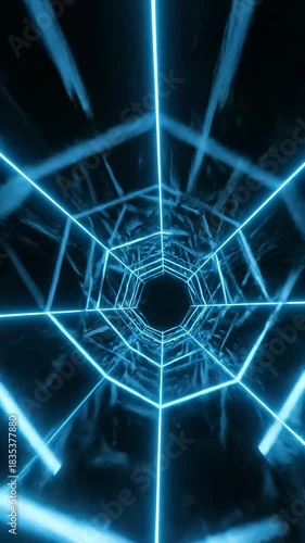 Seamlessly looping motion graphic of a dark futuristic tunnel constructed from glowing cyan neon lines moving infinitely toward the viewer travel, dark, abstract