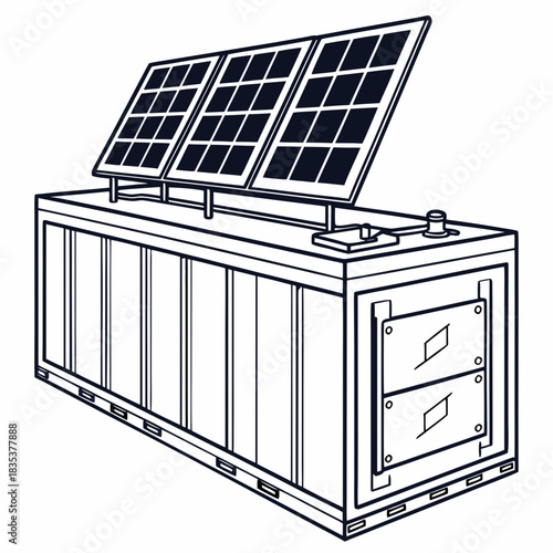 A stylized line art drawing of a portable solar power generator unit with three solar panels mounted on top of a shipping container