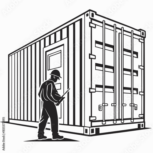 Construction worker wearing hard hat inspecting shipping container with clipboard in black and white illustration