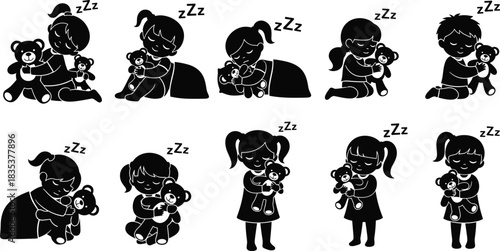 Sleeping children, hugging teddy bears, silhouette art, bedtime pose, emotional comfort, peaceful sleep, black outline, cad drawing flat vector illustration