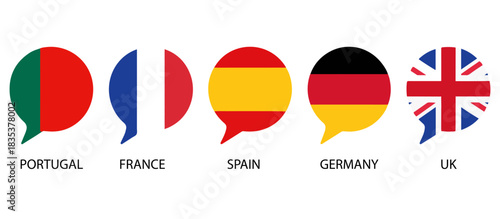 Multinational Speech Bubble Icons with Portugal France Spain Germany UK Flags Vector