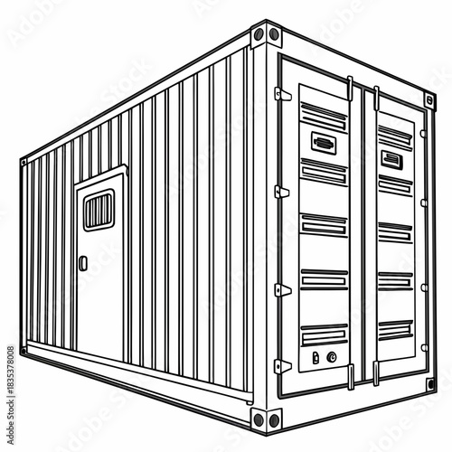 Illustration of a shipping container with a door and barred window isolated on a white background
