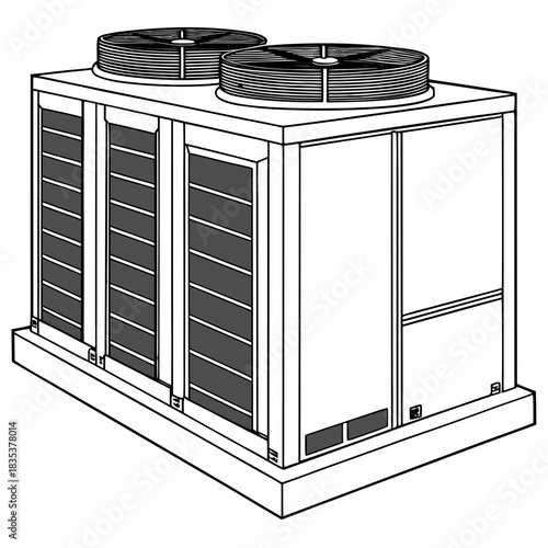 Commercial rooftop hvac unit with two fans and louvered panels on a white background