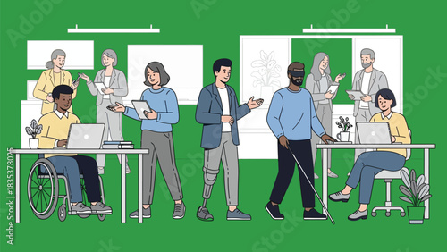 Diverse business people with disabilities, including prosthetic limbs, wheelchair users, and mobility aids, representing a modern inclusive workplace.
