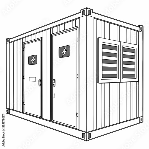 Illustration of a modular electrical transformer substation housed within a shipping container with two doors and windows