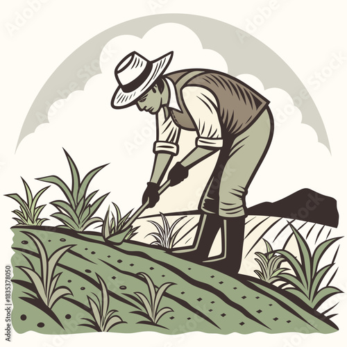 Farmer wearing a hat and overalls cultivates a field of young plants with a hoe under a cloudy sky