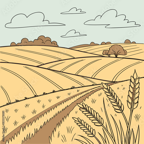 Stylized illustration of rolling golden wheat fields under a cloudy sky with mature wheat stalks in the foreground