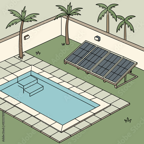 Isometric view of a backyard with a swimming pool solar panels palm trees and a walled enclosure