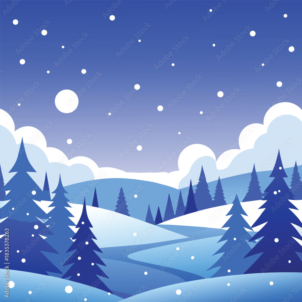 Fototapeta premium Serene winter landscape illustration featuring a full moon illuminating a tranquil snowy scene under a clear blue night sky