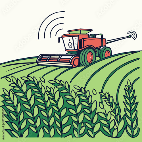 Modern autonomous combine harvester with wireless signals operating on a green field during harvest season