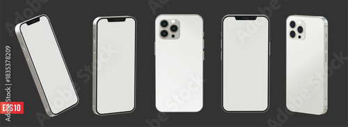 White smartphone mockup in various angles on a dark background