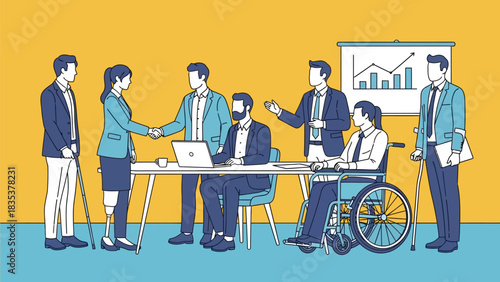 Diverse business people with disabilities, including prosthetic limbs, wheelchair users, and mobility aids, representing a modern inclusive workplace.