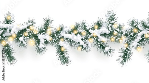 Branches with snow and lights christmas pine decoration.