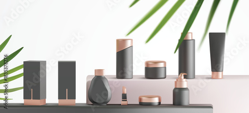 Elegant cosmetic product display with modern packaging and tropical greenery