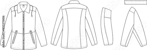 Detailed technical flat sketch of women’s zip-front jacket with collar, sleeves, seams, pockets, and ruler measurement guide for fashion design illustration