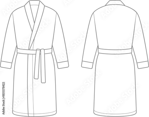 Detailed technical flat sketch of a classic bathrobe with front and back views, long sleeves, shawl collar, and adjustable waist belt