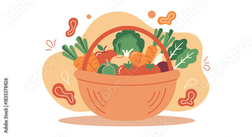 This vibrant illustration showcases a basket brimming with fresh, colorful vegetables, symbolizing healthy eating, nutrition, and the abundance of nature's bounty.