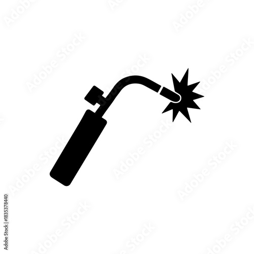 Black silhouette icon of welding torch with spark for metalworking and industrial safety
Minimalist black silhouette icon of a welding torch with curved nozzle and spark at the tip. Ideal for welding.