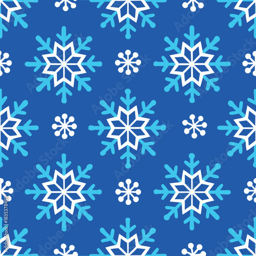 A vibrant royal blue seamless pattern featuring a scattered arrangement of delicate white and light blue winter snowflakes perfect for festive holiday designs and winter themes