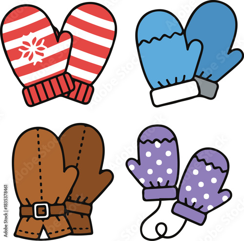 A colorful collection of four vector mitten illustrations, featuring red and white striped mittens with a snowflake, simple blue gloves, brown leather mittens with buckles, and purple polka-dotted mit