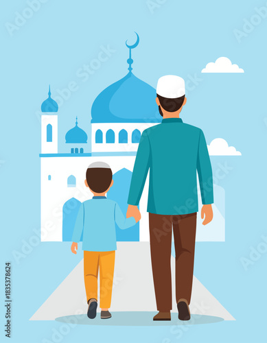 Father and son walking towards a mosque, representing faith and family.